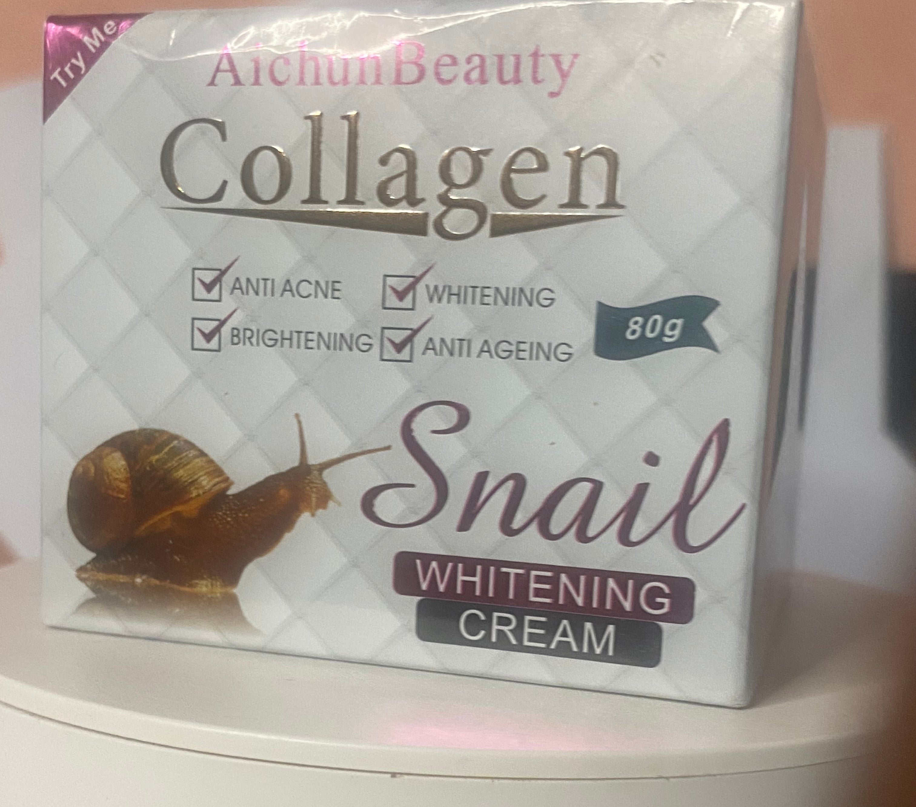 Collagen snail cream Deep hydration and moisture retention — Snail mucin attracts and holds water (similar to hyaluronic acid), which helps skin stay plump, soft, and hydrated.